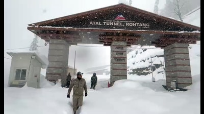 A view of Atal Tunnel covered in white after heavy snowfall, in Manali on Friday. (ANI) A view of Atal Tunnel covered in white after heavy snowfall, in Manali on Friday. (ANI)