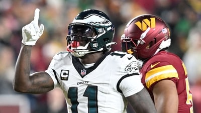 A.J. Brown #11 of the Philadelphia Eagles celebrates a first down against the Washington Commanders (Getty Images via AFP) A.J. Brown #11 of the Philadelphia Eagles celebrates a first down against the Washington Commanders (Getty Images via AFP)