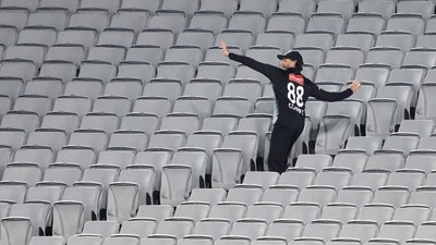 Devon Conway returns the ball from an empty grandstand. Nqabani Mokoena came in at number 10, and hit three sixes as his cameo of 26* ended up being the team's highest score. SA finished on 136/9. (AFP) Devon Conway returns the ball from an empty grandstand. Nqabani Mokoena came in at number 10, and hit three sixes as his cameo of 26* ended up being the team's highest score. SA finished on 136/9. (AFP)