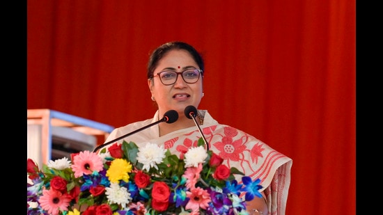 Delhi chief minister Rekha Gupta at an event in New Delhi on Friday. (RAJ K RAJ /HT PHOTO)