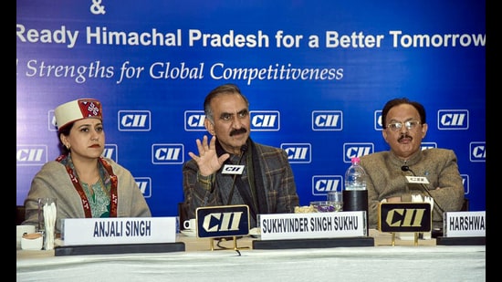 Himachal Pradesh CM Sukhvinder Singh Sukhu, with other dignitaries, speaks at the CII Himachal Pradesh State Annual Session 2025-26, following the exchange of an MoU for Jal Jeevan Mission (JJM) 2.0 between the central government and the Himachal Pradesh Government, in New Delhi on Friday. (ANI)