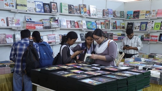 Youngsters at the Lucknow Book Fair underway at Ravindralaya, Charbagh in the state capital