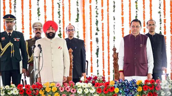Uttarakhand chief minister Pushkar Singh Dhami expanded his cabinet on Friday, with five MLAs taking oath as ministers at the Lok Bhavan in Dehradun. (ANI PHOTO)