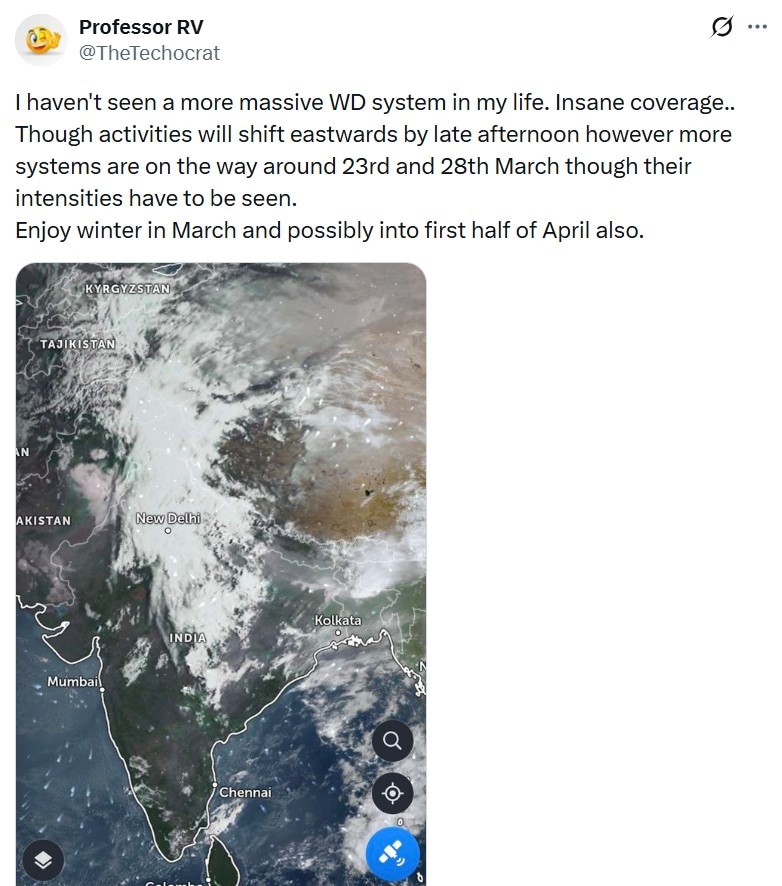 An X user shared satellite imagery capturing the western disturbance over north India An X user shared satellite imagery capturing the western disturbance over north India