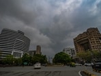 A view of Dark clouds hover over the skies at Connaught Place in New Delhi, India.