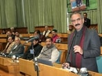 Himachal chief minister Sukhvinder Singh Sukhu presenting the budget in assembly in Shimla on Saturday. (HT Photo)