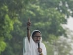 West Bengal CM Mamata Banerjee addresses a gathering on the occassion of Eid al-Fitr, at Red Road in Kolkata. (PTI)