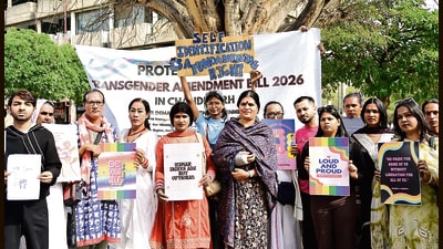 Members of the LGBTQIA+ community and their supporters holding a protest at the Sector-17 Plaza in Chandigarh on Saturday. (Ravi Kumar/HT)