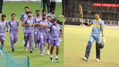 একটা সময় কলকাতা নাইট রাইডার্সে ছিলেন আর্য দেশাই। (বাঁ-দিকের ছবিটি কেকেআরের এবারের অনুশীলনের, সৌজন্যে পিটিআই, ডানদিকে আর্য দেশাইের ছবি, সৌজন্যে @GCAMotera) একটা সময় কলকাতা নাইট রাইডার্সে ছিলেন আর্য দেশাই। (বাঁ-দিকের ছবিটি কেকেআরের এবারের অনুশীলনের, সৌজন্যে পিটিআই, ডানদিকে আর্য দেশাইের ছবি, সৌজন্যে @GCAMotera)