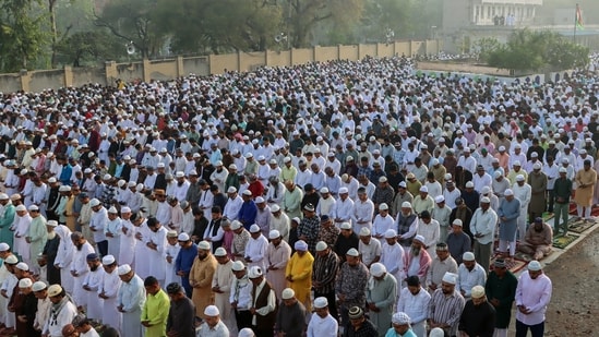 Muslim devotees offer Namaz on the occasion of Eid at Idgah Masjid in Uttam Nagar, New Delhi.&nbsp;(ANI)