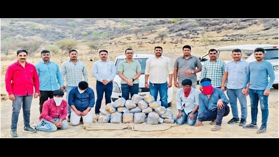 Acting on a tip-off, a police team intercepted a car near Bolhaimata Temple on the Kesnand–Wagholi Road, and recovered 58.58 kg of ganja packed in 29 plastic bags from the vehicle. (HT)