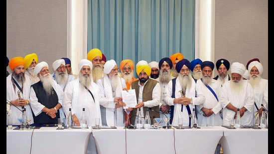 Punjab Chief Minister Bhagwant Mann during a meeting with the sant samaj, in Amritsar on Saturday. (ANI)