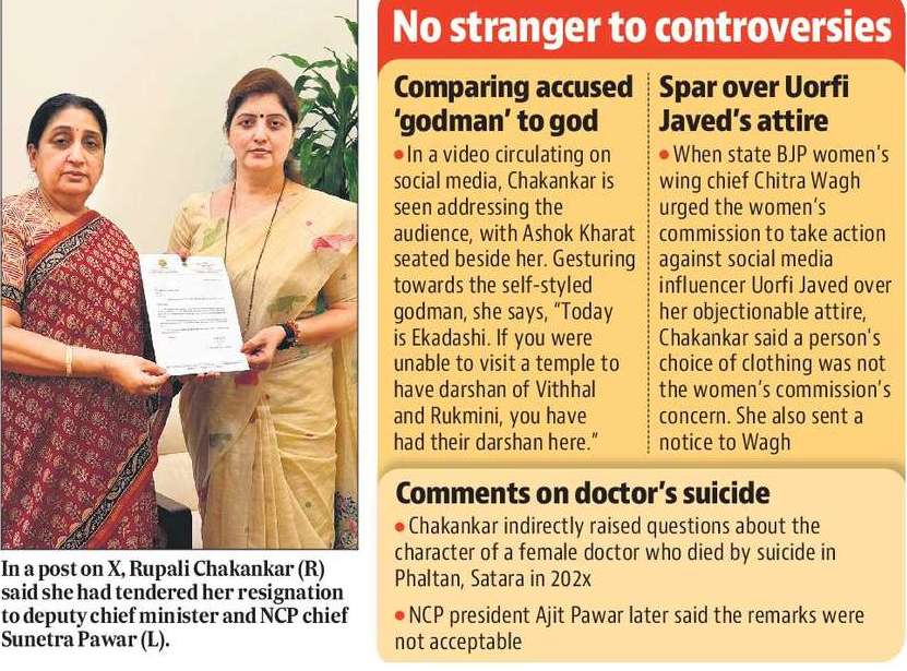Rupali Chakankar resigned from her MSCW role, facing backlash over her association with Kharat. Rupali Chakankar resigned from her MSCW role, facing backlash over her association with Kharat.