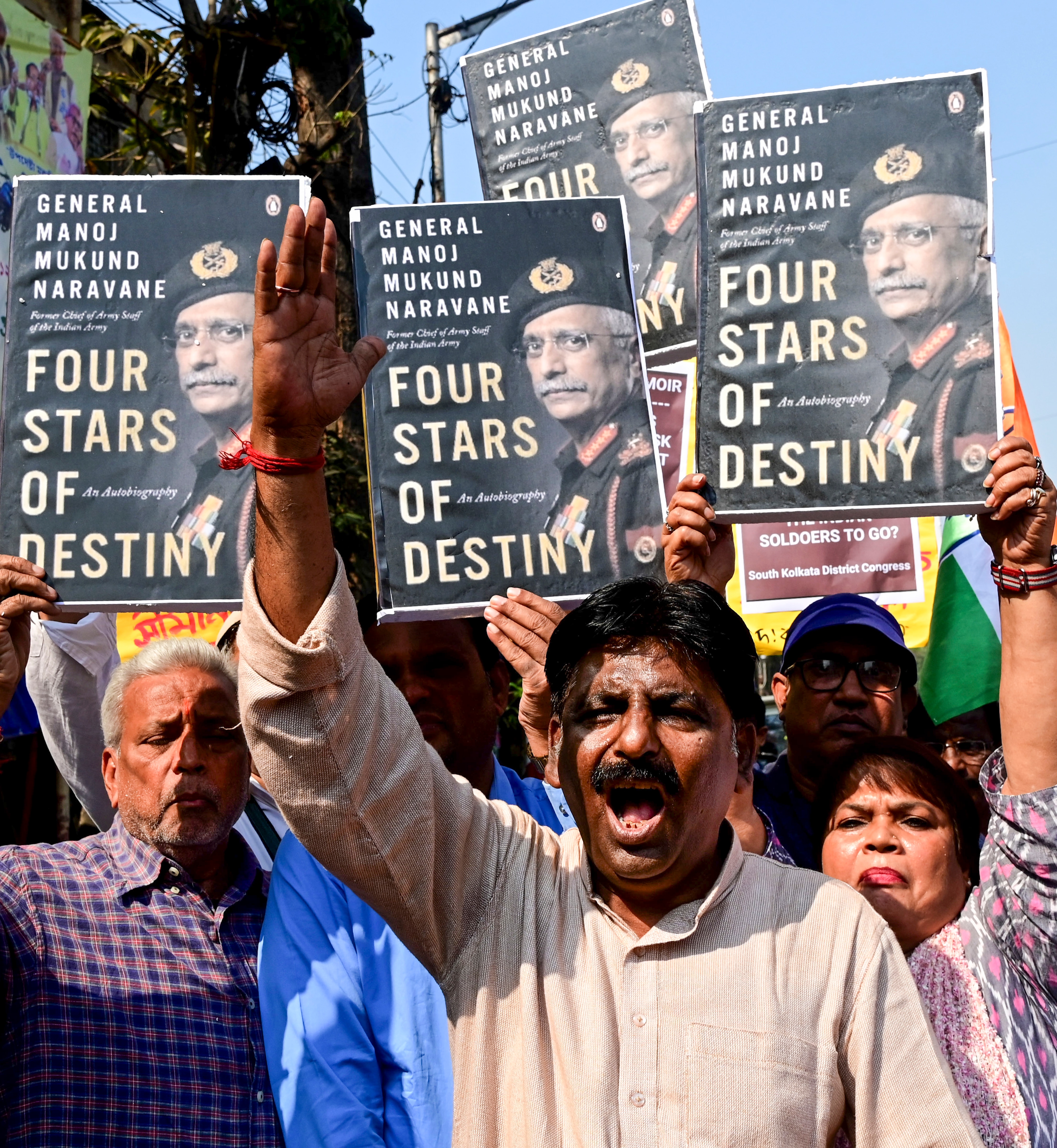 Congress supporters protest amid a row surrounding former Indian Army chief General MM Naravane's unpublished memoir 'Four Stars of Destiny', in Kolkata on February 16, 2026. (PTI Photo) Congress supporters protest amid a row surrounding former Indian Army chief General MM Naravane's unpublished memoir 'Four Stars of Destiny', in Kolkata on February 16, 2026. (PTI Photo)