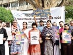 Members of the LGBTQIA+ community and their supporters holding a protest at the Sector-17 Plaza in Chandigarh on Saturday. (Ravi Kumar/HT)