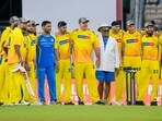 MS Dhoni shares a picture with Chennai Super Kings legends like Michael Hussey, Harbhajan Singh, and Matthew Hayden.