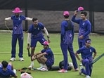 Rajasthan Royals players during a practice session at the Sawai Mansingh Stadium in Jaipur. (PTI)