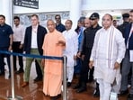 Uttar Pradesh CM Yogi Adityanath at the Noida International Airport on Sunday. (PTI)