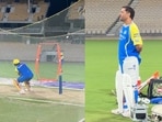 Prashant Veer and MS Dhoni during CSK training.