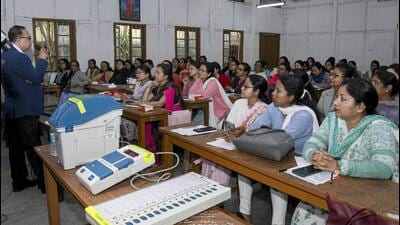 An election officer during a training session with polling officials for the 2026 Assam legislative assembly elections in Tezpur. (PTI) An election officer during a training session with polling officials for the 2026 Assam legislative assembly elections in Tezpur. (PTI)