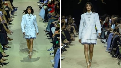 Ananya Panday put the bling in business attire as she modelled designer Rahul Mishra’s ‘White Gold’ creation on the ramp at Lakme Fashion Week 2026. The attire, woven in Chanderi silk, featured intricate threadwork in the kadhwa technique. It comprises a crisp white shirt with mesh dragonflies for buttons, arranged down the front in decreasing size. It was paired with a short, pleated skirt with a metallic hem in the front, and a white jacket featuring the intricate embroidery. The ensemble was completed with sparkling white heels that rose on spindles above the ankle. (@lakmefashionwk/Instagram) Ananya Panday put the bling in business attire as she modelled designer Rahul Mishra’s ‘White Gold’ creation on the ramp at Lakme Fashion Week 2026. The attire, woven in Chanderi silk, featured intricate threadwork in the kadhwa technique. It comprises a crisp white shirt with mesh dragonflies for buttons, arranged down the front in decreasing size. It was paired with a short, pleated skirt with a metallic hem in the front, and a white jacket featuring the intricate embroidery. The ensemble was completed with sparkling white heels that rose on spindles above the ankle. (@lakmefashionwk/Instagram)