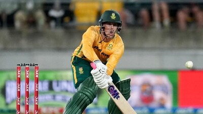 South Africa's Rubin Hermann remained unbeaten on 28 off 25 balls. Here he is trying to play a ramp shot. (AFP) South Africa's Rubin Hermann remained unbeaten on 28 off 25 balls. Here he is trying to play a ramp shot. (AFP)