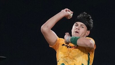 Gerald Coetzee was the pick of the South Africa bowlers. He took three wickets, including the last of the Kiwi innings, that of Kyle Jamieson. (AFP) Gerald Coetzee was the pick of the South Africa bowlers. He took three wickets, including the last of the Kiwi innings, that of Kyle Jamieson. (AFP)