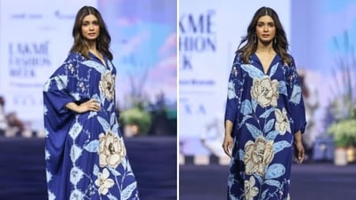 Diana Penty modelled for Verandah at LFW 2026. She was dressed in a navy blue, embellished magnolia maxi kaftan that features an artistic floral and geometric print and a fluid silhouette. The dress was paired with flat sandals and no jewellery, creating a comfy, billowy aesthetic. (@fdciofficial/Instagram) Diana Penty modelled for Verandah at LFW 2026. She was dressed in a navy blue, embellished magnolia maxi kaftan that features an artistic floral and geometric print and a fluid silhouette. The dress was paired with flat sandals and no jewellery, creating a comfy, billowy aesthetic. (@fdciofficial/Instagram)