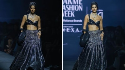 Disha Patani looked dazzling in an avant-garde black lehenga from Amit Aggarwal’s ‘Orizon’ collection, which reimagines traditional silhouettes with a futuristic edge. The one-shoulder blouse features a sultry cut-out design and a plunging neckline, adorned with shimmering metallic embellishments. The matching lehenga is intricately detailed with linear sequins, creating a structured, liquid-metallic effect. Completing the ensemble is a unique, architectural dupatta draped over her arm. Disha was decked in a studded diamond necklace set and matching bangles. (@lakmefashionwk/Instagram) Disha Patani looked dazzling in an avant-garde black lehenga from Amit Aggarwal’s ‘Orizon’ collection, which reimagines traditional silhouettes with a futuristic edge. The one-shoulder blouse features a sultry cut-out design and a plunging neckline, adorned with shimmering metallic embellishments. The matching lehenga is intricately detailed with linear sequins, creating a structured, liquid-metallic effect. Completing the ensemble is a unique, architectural dupatta draped over her arm. Disha was decked in a studded diamond necklace set and matching bangles. (@lakmefashionwk/Instagram)