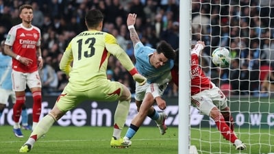 For his first goal, he took advantage of Arsenal goalkeeper Kepa Arrizabalaga's fumble to head City in front on the hour. (Action Images via Reuters)