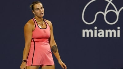 Aryna Sabalenka reacts after missing a shot against Ann Li (USA) (not pictured) on day four of the 2026 Miami Open at Hard Rock Stadium (IMAGN IMAGES via Reuters Connect)