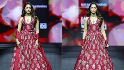Tamannah Bhatia was a picture of elegance in a pink-and-silver lehenga by Bhumika Sharma at LFW 2026. The actor wore a halter-neck blouse with a matching, voluminous lehenga skirt, both featuring floral and leaf motifs in silver. A matching pink dupatta was draped over her arms. The look was completed with a statement gem-studded jewellery set, complete with a choker, a low necklace, and matching earrings. (@lakmefashionwk/Instagram) Tamannah Bhatia was a picture of elegance in a pink-and-silver lehenga by Bhumika Sharma at LFW 2026. The actor wore a halter-neck blouse with a matching, voluminous lehenga skirt, both featuring floral and leaf motifs in silver. A matching pink dupatta was draped over her arms. The look was completed with a statement gem-studded jewellery set, complete with a choker, a low necklace, and matching earrings. (@lakmefashionwk/Instagram)