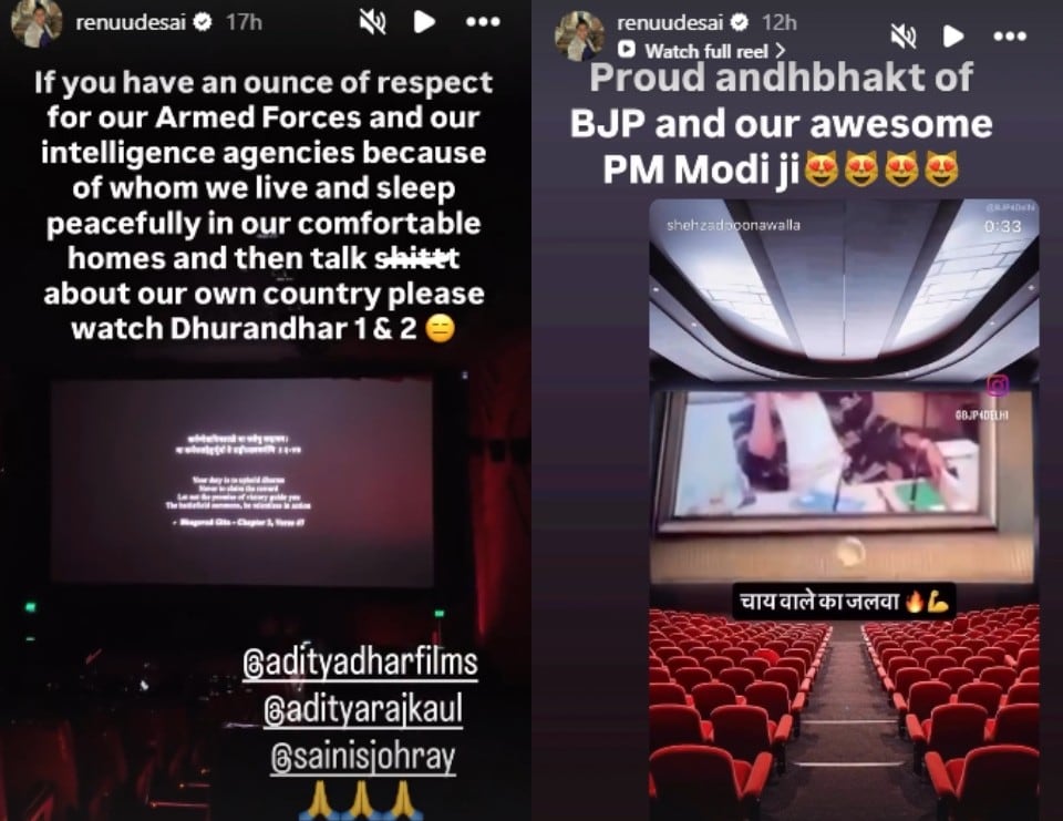 Renu Desai's Instagram stories about Dhurandhar and PM Modi.