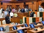 Delhi CM Rekha Gupta along with cabinet ministers at the Delhi Budget session on Monday. (HT Photo) Delhi CM Rekha Gupta along with cabinet ministers at the Delhi Budget session on Monday. (HT Photo)