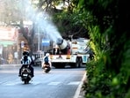 Navi Mumbai, India - December 10, 2025: NMMC uses an anti smog gun truck as a preventive measure to tackle Air Pollution at Vashi, in Navi Mumbai, India, on Sunday, November 12, 2023. (Photo by Bachchan Kumar/ Hindustan Times) (HT PHOTO)