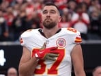 Travis Kelce #87 of the Kansas City Chiefs looks on during the National Anthem prior to the game against the Las Vegas Raiders Travis Kelce #87 of the Kansas City Chiefs looks on during the National Anthem prior to the game against the Las Vegas Raiders