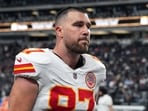 Travis Kelce #87 of the Kansas City Chiefs looks on during the second quarter of the game against the Las Vegas Raiders 