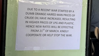 A Pune eatery’s witty notice linking price hike to an “orange-haired man” sparked humour. (X/@SMahashur) A Pune eatery’s witty notice linking price hike to an “orange-haired man” sparked humour. (X/@SMahashur)
