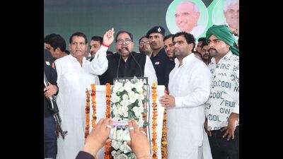 INLD national president Abhay Singh Chautala during the rally in Jind on Monday. (HT Photo) INLD national president Abhay Singh Chautala during the rally in Jind on Monday. (HT Photo)