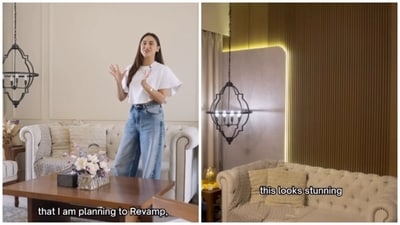 Krystle DSouza's living room transformation centered on installing custom vertical wooden panels. (Instagram/ Krystle DSouza) Krystle DSouza's living room transformation centered on installing custom vertical wooden panels. (Instagram/ Krystle DSouza)