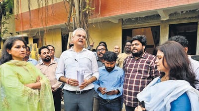 Mumbai, India - March 23, 2026: BJP corporators Makarand Narwekar, Harshita Narwekar and Gauravi Shivalkar had staged a protest outside the proposed aspirational toilet site at Oval Maidan. The corporators had opposed the BMC administration’s decision to proceed with the project despite a stay order citing multiple violations, alleging disregard for directions from the state government and legislature, in Mumbai, India, on Monday, March 23, 2026. (Photo by Anshuman Poyrekar/Hindustan Times) (Anshuman Poyrekar/HT Photo)