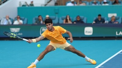 Carlos Alcaraz (ESP) reaches for a forehand against Sebastian Korda (USA) (not pictured) on day six of the 2026 Miami Open at Hard Rock Stadium (IMAGN IMAGES via Reuters Connect)