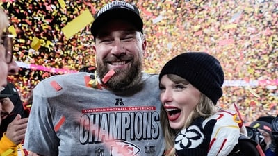 Travis Kelce, left, and Taylor Swift pose after the AFC Championship game against the Buffalo Bills (AP) Travis Kelce, left, and Taylor Swift pose after the AFC Championship game against the Buffalo Bills (AP)