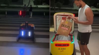 A robot delivered food in Dubai, leaving an Indian man impressed as the clip gained attention online. (Instagram/thyharish) A robot delivered food in Dubai, leaving an Indian man impressed as the clip gained attention online. (Instagram/thyharish)