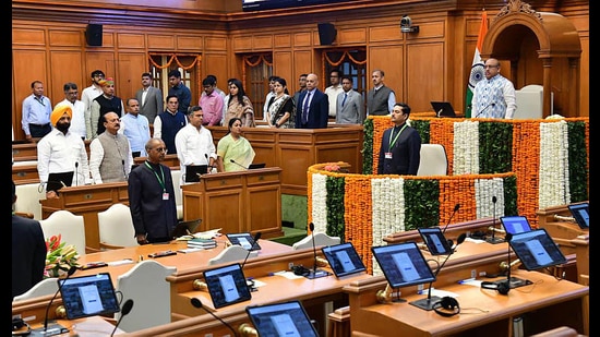 Delhi CM Rekha Gupta along with cabinet ministers at the Delhi Budget session on Monday. (HT Photo)