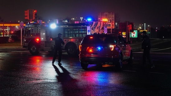 Firetrucks lineup outside LaGuardia Airport, Monday, March 23, 2026, in New York, after an Air Canada Jet collided with a Port Authority vehicle on a runway. (AP Photo/Ryan Murphy)(AP)