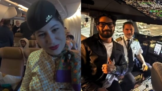 An Indian man asked to see the cockpit on an Etihad flight and was later allowed in, describing it as a memorable moment. (Instagram/ vanshmotwani23)