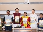 (From left) Nilesh Nikam opposition leader, deputy Mayor Parshuram Wadekar, standing committee chairman Shreenath Bhimale, Mayor Manjusha Nagpure, leader of house Ganesh Bidkar and Municipal commissioner Naval Kishore Ram. (HT)