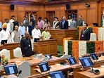 Delhi cabinet ministers during the Delhi Assembly Budget Session 2026 at the Vidhan Sabha in New Delhi.