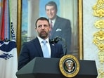 Markwayne Mullin, secretary of the US Department of Homeland Security (DHS), speaks during a swearing-in ceremony in the Oval Office of the White House in Washington.